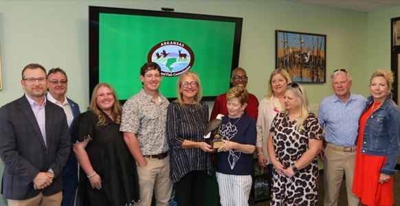 Friends and family of former AGFC Director Pat Fitts gathered to celebrate his mission and ministry to Arkansas’s outdoors during a brief award ceremony presented by the Arkansas Wildlife Federation. AGFC photo. 