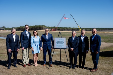 Governor Sarah Huckabee Sanders with U.S. Secretary of War Pete Hegseth, U.S. Representative Bruce Westerman (AR-04), U.S. Senator Tom Cotton (R-AR), L3Harris CEO Christopher Kubasik and L3Harris CFO & President Ken Bedingfield, and L3Harris President of Missile Solutions Scott Alexander at their expansion site in Camden on Friday, February 27. Photo credit: Will Newton.
