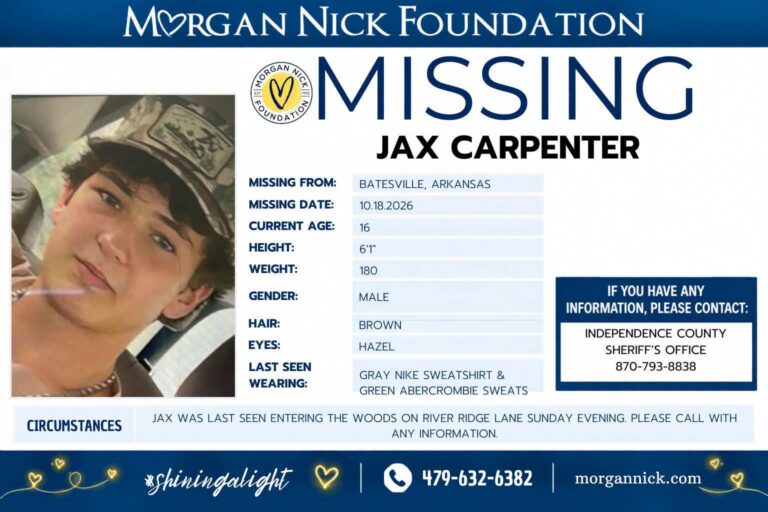 Morgan Nick Foundation missing person poster for Jax Carpenter, 16, of Batesville