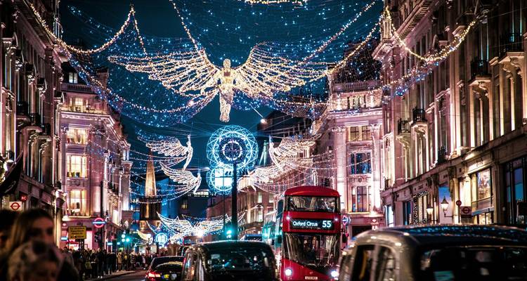 Angel-shaped holiday lights above Regent Street in London