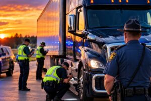 Arkansas Highway Police officers inspect a commercial truck during Operation Highway Shield