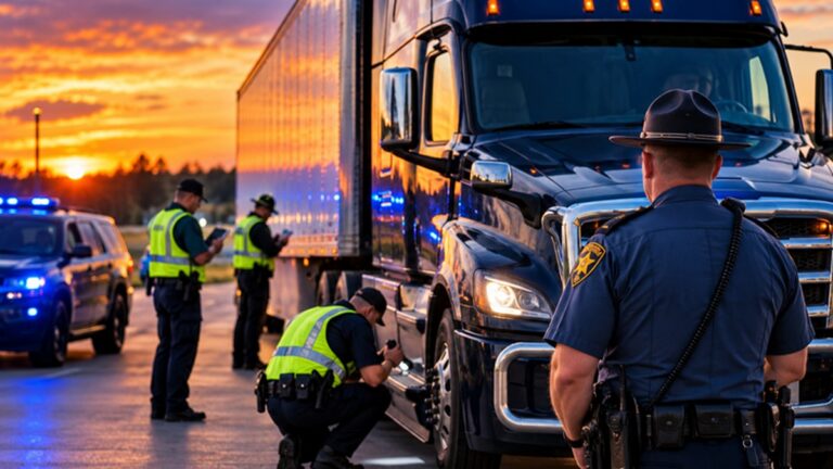 Arkansas Highway Police officers inspect a commercial truck during Operation Highway Shield