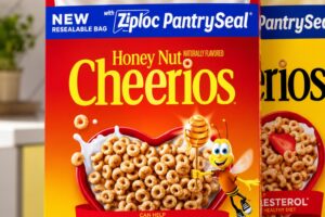 Honey Nut Cheerios box with new Ziploc PantrySeal resealable cereal bag