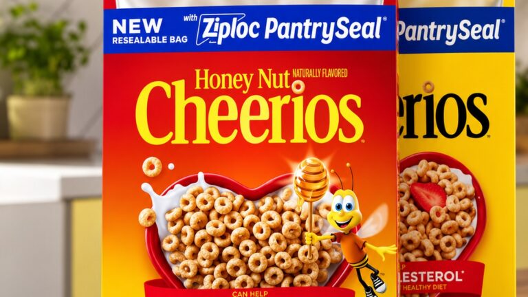 Honey Nut Cheerios box with new Ziploc PantrySeal resealable cereal bag