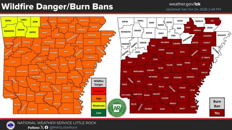 Arkansas wildfire danger and burn ban map October 24 2026