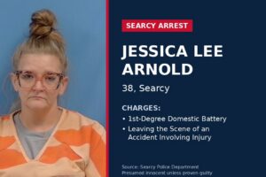 Jessica Lee Arnold, 38, of Searcy Arkansas booking photo, charged with first-degree domestic battery and leaving the scene of an accident involving injury