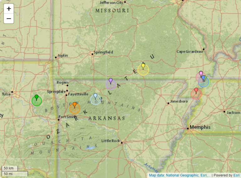 Map of recent earthquakes near Ozark, Arkansas and the surrounding region