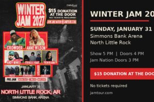 Winter Jam 2027 poster for Sunday January 31 at Simmons Bank Arena in North Little Rock Arkansas featuring Crowder, Anne Wilson, Andy Mineo, Strings and Heart, Terrian, Red and Newsong