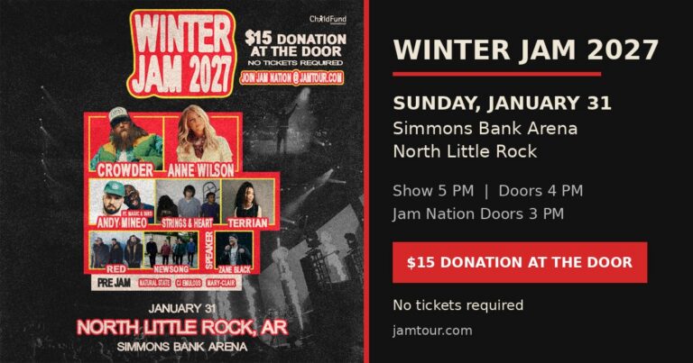 Winter Jam 2027 poster for Sunday January 31 at Simmons Bank Arena in North Little Rock Arkansas featuring Crowder, Anne Wilson, Andy Mineo, Strings and Heart, Terrian, Red and Newsong